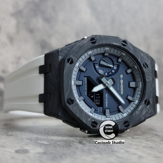 Casioak Mod Watch Carbon Fiber Offshore Superior Black Case White Strap Gray Time Mark Blue Dial 44mm- Casioak Mod Casio G-Shock Royal Oak Custom Mens Luxury Watches Ga2100