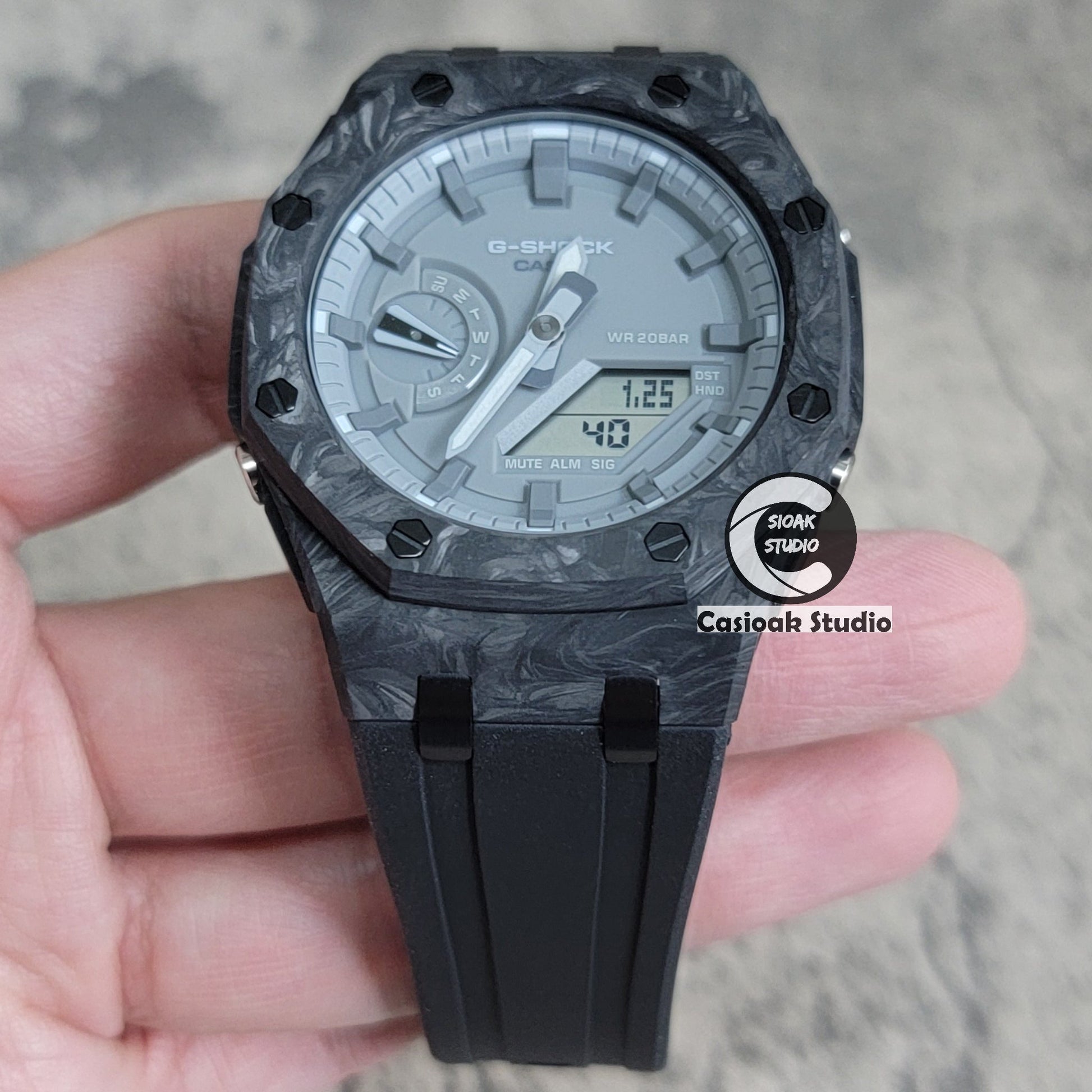 Casioak Mod Watch Carbon Fiber Superior Black Case Black Strap Gray Time Mark Gray Dial 44mm- Casioak Mod Casio G-Shock Royal Oak Custom Mens Luxury Watches Ga2100