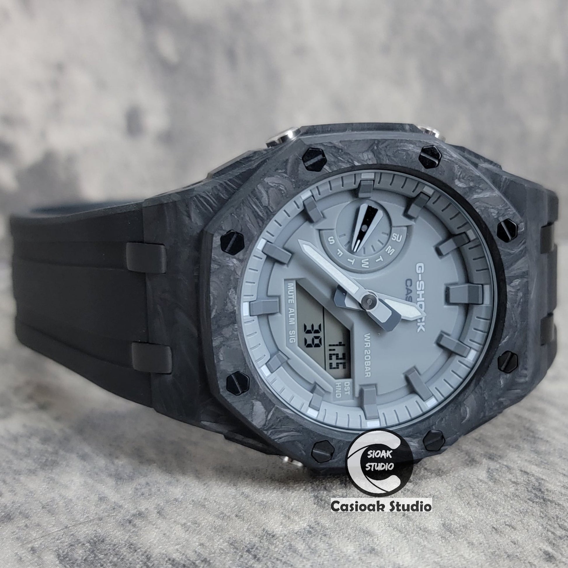 Casioak Mod Watch Carbon Fiber Superior Black Case Black Strap Gray Time Mark Gray Dial 44mm- Casioak Mod Casio G-Shock Royal Oak Custom Mens Luxury Watches Ga2100