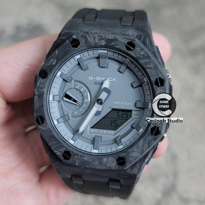 Casioak Mod Watch Carbon Fiber Superior Black Case Black Strap Gray Time Mark Gray Dial 44mm- Casioak Mod Casio G-Shock Royal Oak Custom Mens Luxury Watches Ga2100