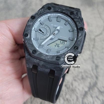 Casioak Mod Watch Carbon Fiber Superior Black Case Black Strap Gray Time Mark Gray Dial 44mm- Casioak Mod Casio G-Shock Royal Oak Custom Mens Luxury Watches Ga2100