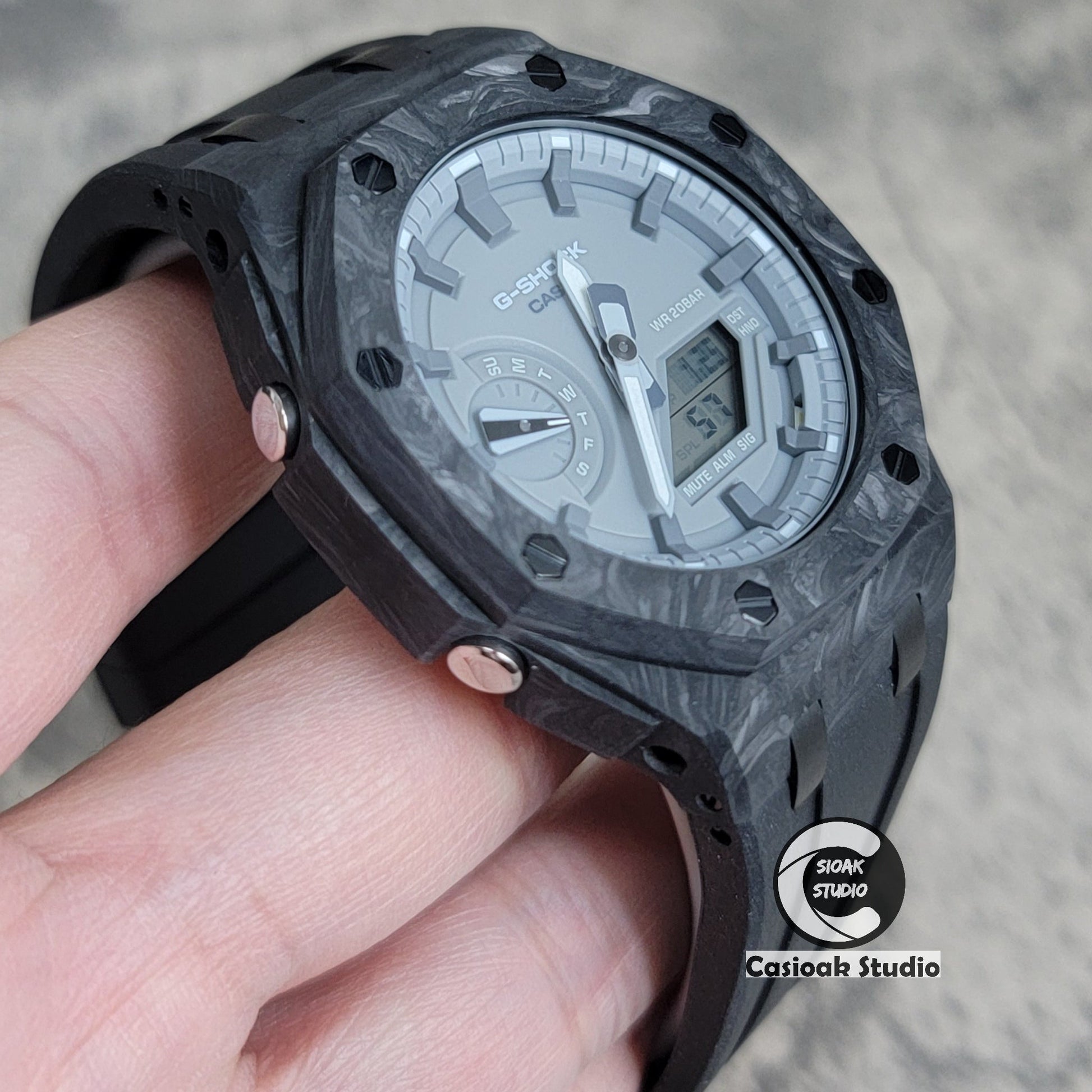 Casioak Mod Watch Carbon Fiber Superior Black Case Black Strap Gray Time Mark Gray Dial 44mm- Casioak Mod Casio G-Shock Royal Oak Custom Mens Luxury Watches Ga2100