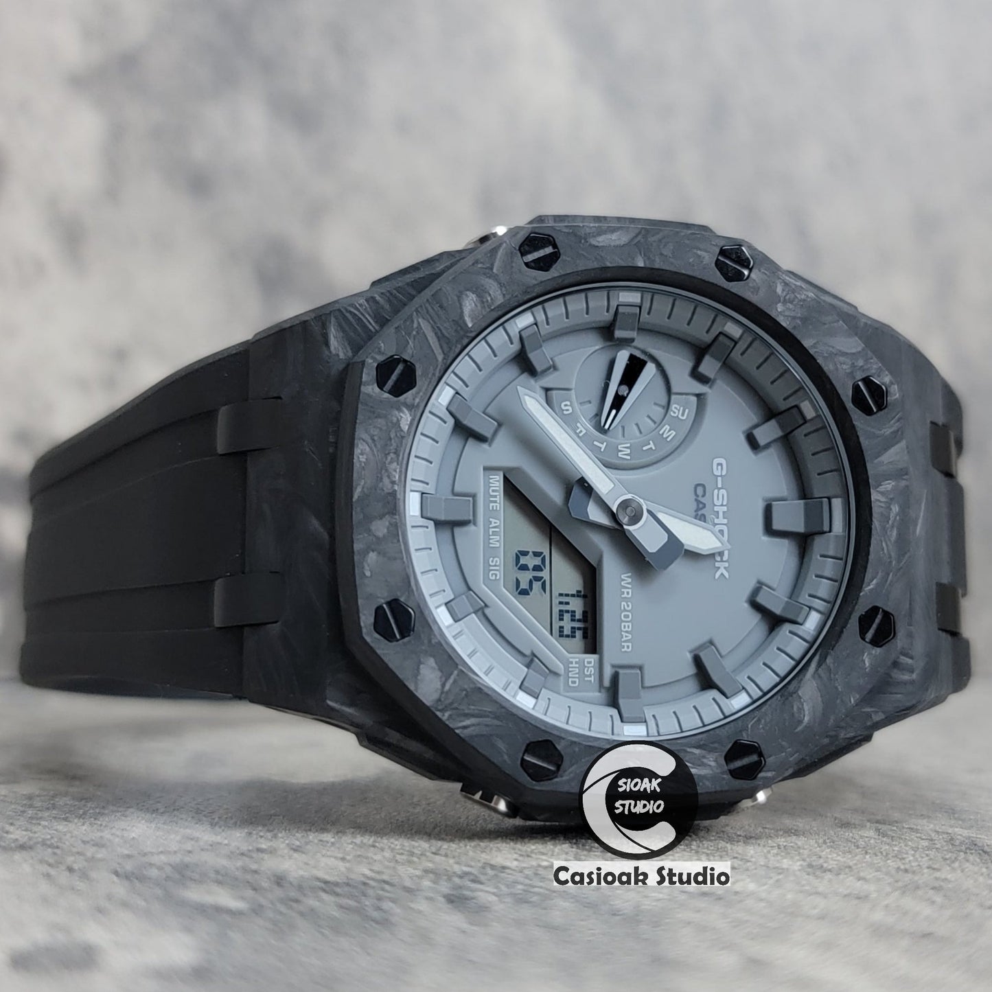 Casioak Mod Watch Carbon Fiber Superior Black Case Black Strap Gray Time Mark Gray Dial 44mm- Casioak Mod Casio G-Shock Royal Oak Custom Mens Luxury Watches Ga2100