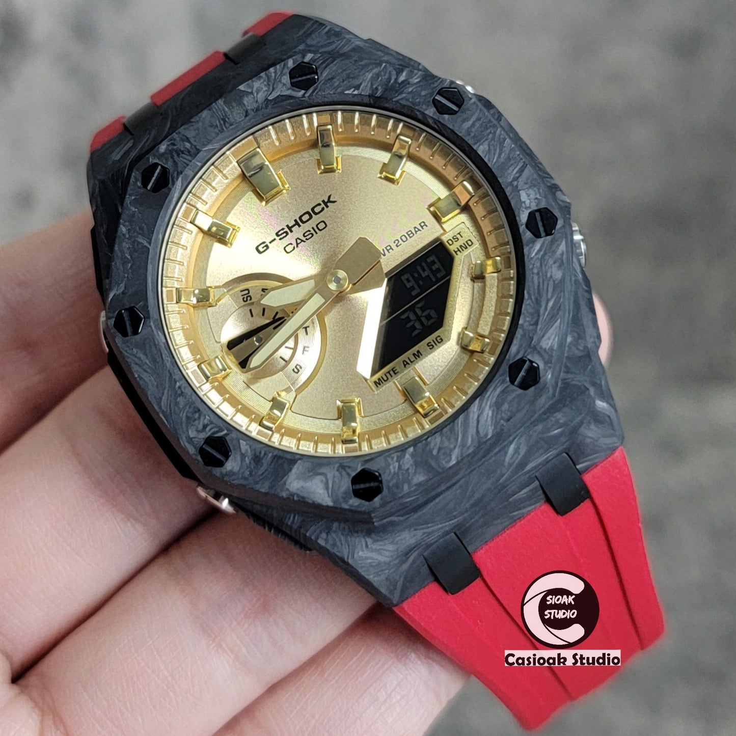 Casioak Mod Watch Carbon Fiber Superior Black Case Red Strap Gold Time Mark Gold Dial 44mm- Casioak Mod Casio G-Shock Royal Oak Custom Mens Luxury Watches Ga2100