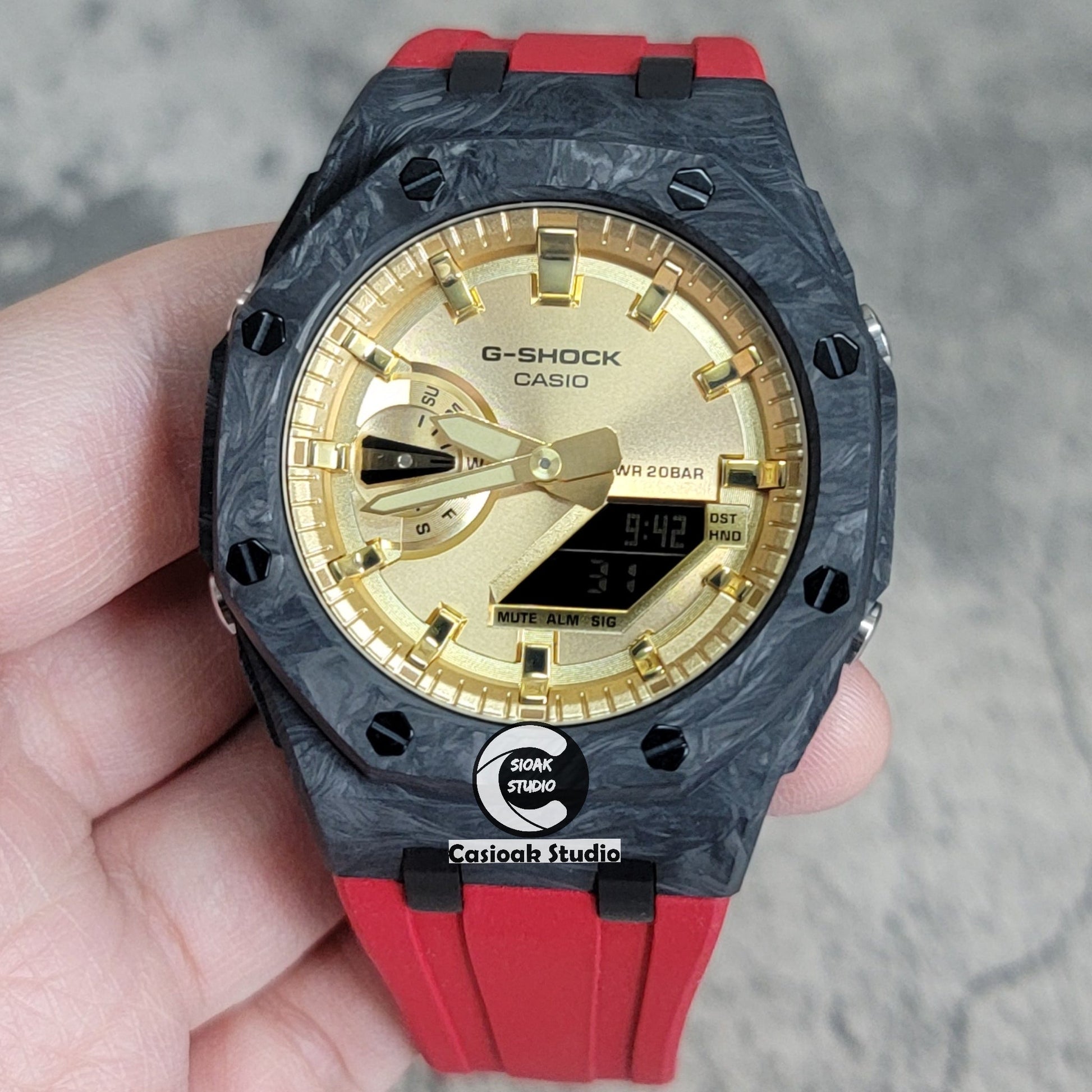 Casioak Mod Watch Carbon Fiber Superior Black Case Red Strap Gold Time Mark Gold Dial 44mm- Casioak Mod Casio G-Shock Royal Oak Custom Mens Luxury Watches Ga2100