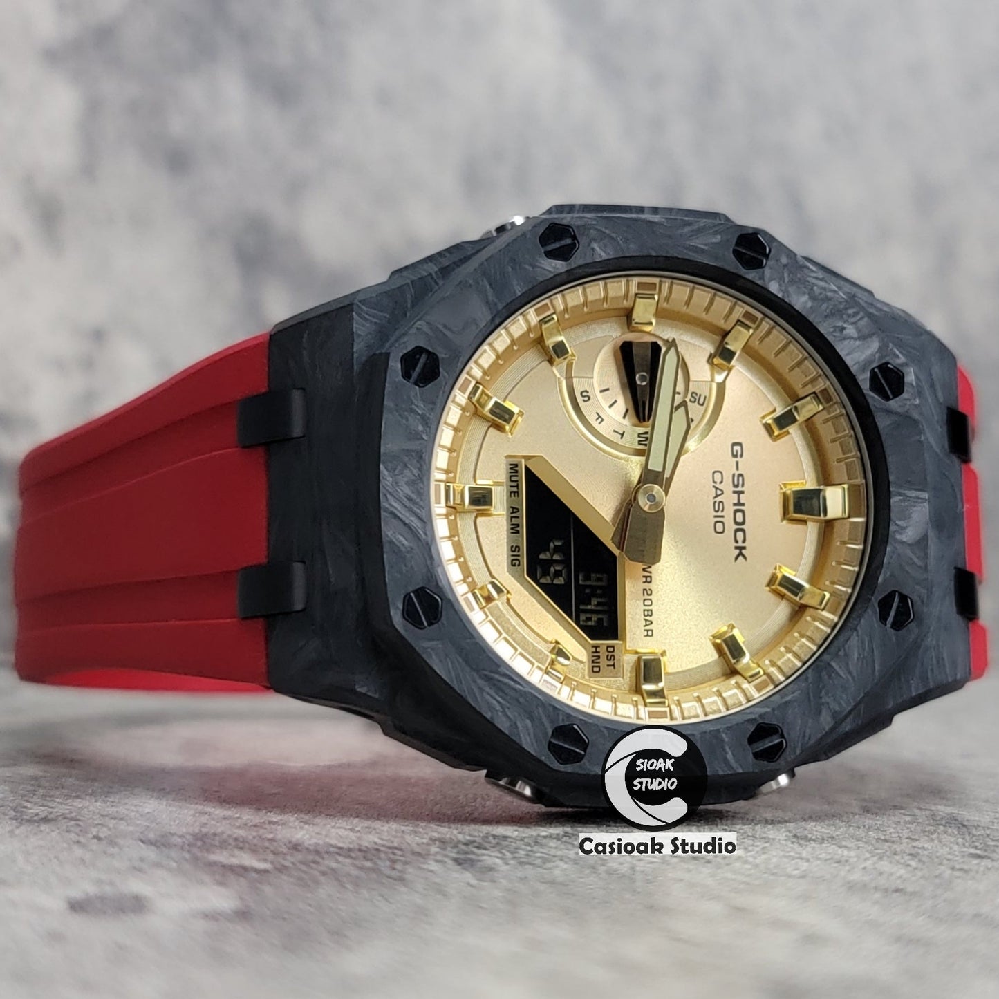 Casioak Mod Watch Carbon Fiber Superior Black Case Red Strap Gold Time Mark Gold Dial 44mm- Casioak Mod Casio G-Shock Royal Oak Custom Mens Luxury Watches Ga2100