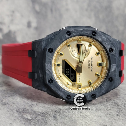 Casioak Mod Watch Carbon Fiber Superior Black Case Red Strap Gold Time Mark Gold Dial 44mm- Casioak Mod Casio G-Shock Royal Oak Custom Mens Luxury Watches Ga2100