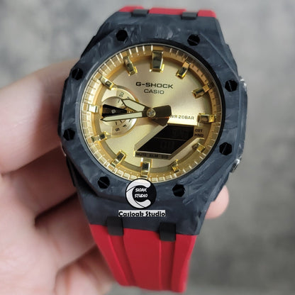 Casioak Mod Watch Carbon Fiber Superior Black Case Red Strap Gold Time Mark Gold Dial 44mm- Casioak Mod Casio G-Shock Royal Oak Custom Mens Luxury Watches Ga2100