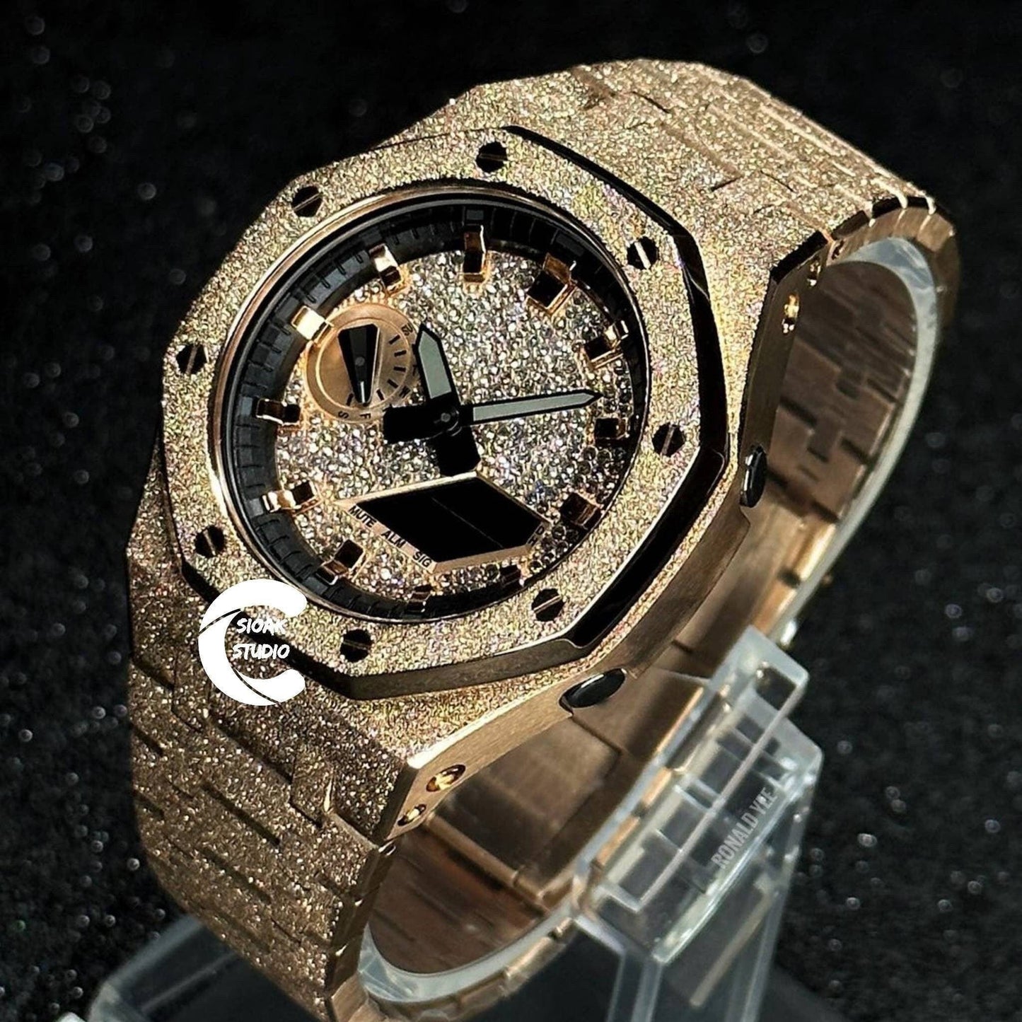 Casioak Mod Watch Diamond Frosted Rose Gold Case Metal Strap Black Rose Gold Time Mark Diamond Dial 44mm- Casioak Mod Casio G-Shock Royal Oak Custom Mens Luxury Watches Ga2100