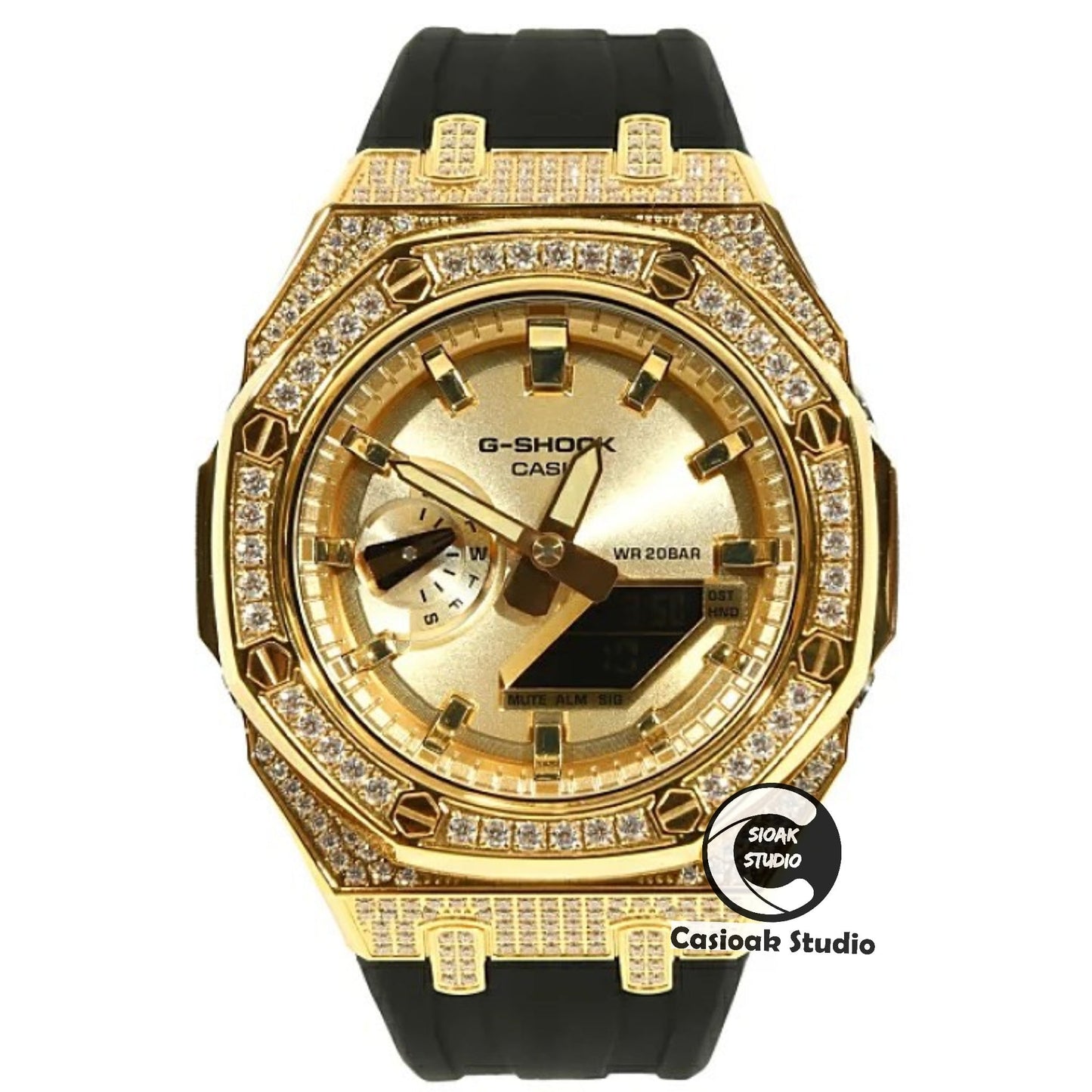 Casioak Mod Watch Diamond Gold Case Black Strap Gold Time Mark Gold Dial 44mm- Casioak Mod Casio G-Shock Royal Oak Custom Mens Luxury Watches Ga2100