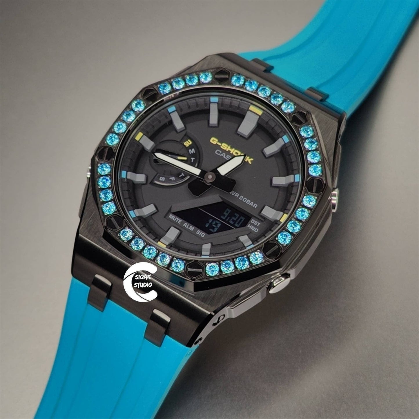 Casioak Mod Watch Diamond Offshore Superior Black Case Blue Strap Black Gray Time Mark Black Dial 44mm- Casioak Mod Casio G-Shock Royal Oak Custom Mens Luxury Watches Ga2100