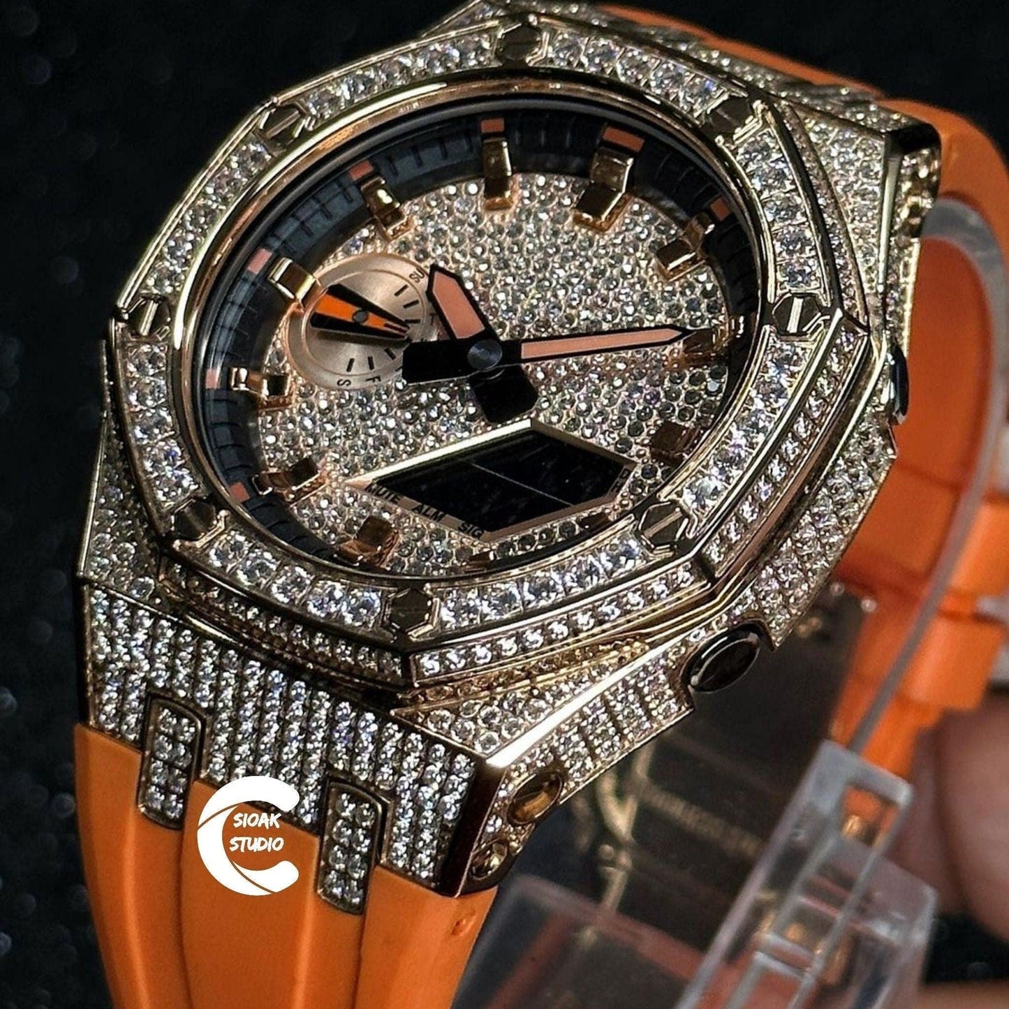 Casioak Mod Watch Diamond Rose Gold Case Orange Strap Black Rose Gold Time Mark Diamond Dial 44mm- Casioak Mod Casio G-Shock Royal Oak Custom Mens Luxury Watches Ga2100