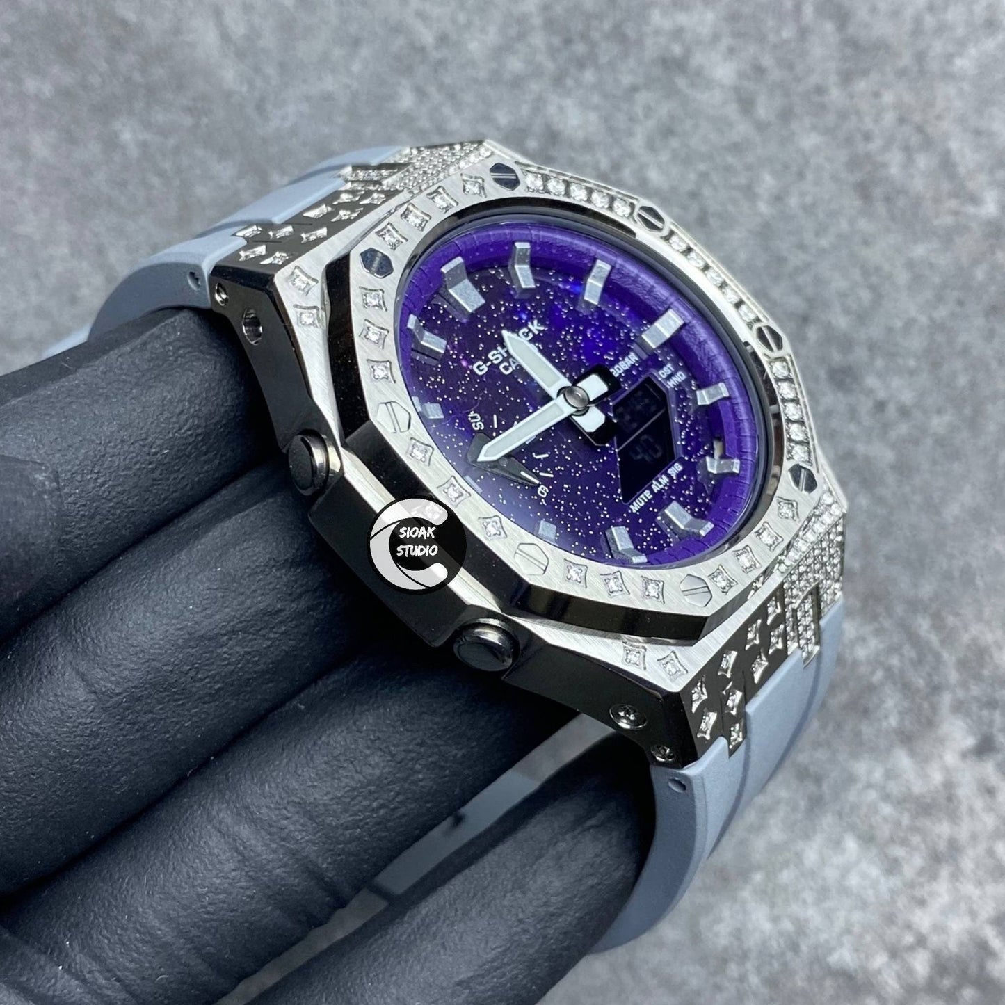 Casioak Mod Watch Diamond Silver Case Gray Strap Purple Time Mark Purple Dial 44mm- Casioak Mod Casio G-Shock Royal Oak Custom Mens Luxury Watches Ga2100