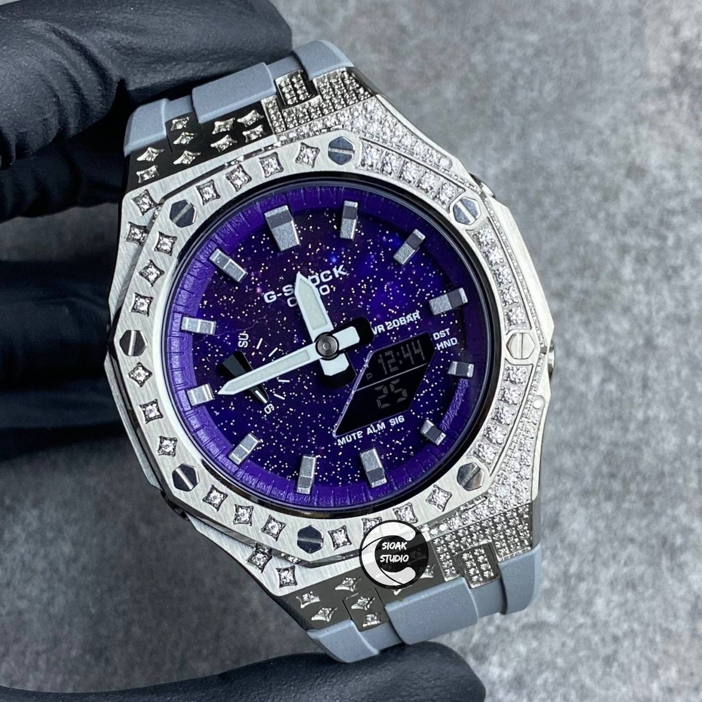 Casioak Mod Watch Diamond Silver Case Gray Strap Purple Time Mark Purple Dial 44mm- Casioak Mod Casio G-Shock Royal Oak Custom Mens Luxury Watches Ga2100