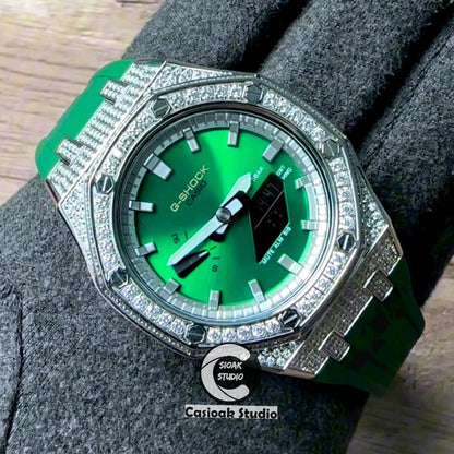 Casioak Mod Watch Diamond Silver Case Green Strap Silver Time Mark Green Dial 44mm Gift- Casioak Mod Casio G-Shock Royal Oak Custom Mens Luxury Watches Ga2100