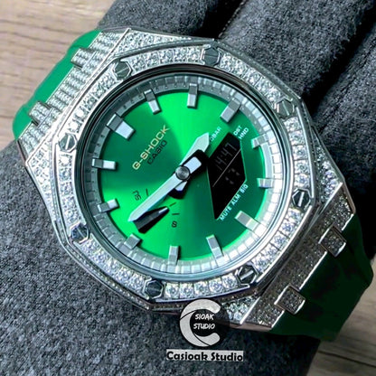 Casioak Mod Watch Diamond Silver Case Green Strap Silver Time Mark Green Dial 44mm Gift- Casioak Mod Casio G-Shock Royal Oak Custom Mens Luxury Watches Ga2100