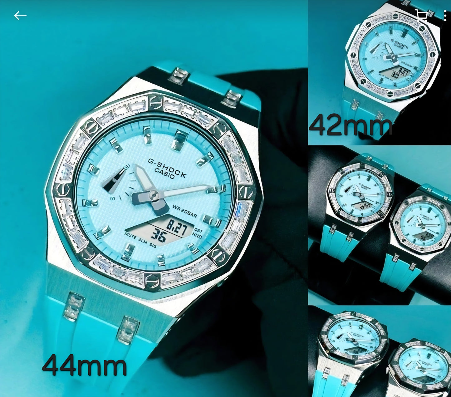 Casioak Mod Watch Diamond Silver Case Tiff Strap Silver Time Mark Tiff Blue Dial 44mm /42mm- Casioak Mod Casio G-Shock Royal Oak Custom Mens Luxury Watches Ga2100