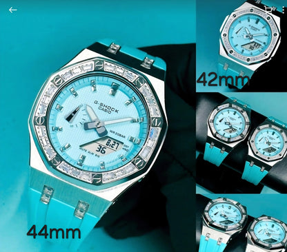 Casioak Mod Watch Diamond Silver Case Tiff Strap Silver Time Mark Tiff Blue Dial 44mm /42mm- Casioak Mod Casio G-Shock Royal Oak Custom Mens Luxury Watches Ga2100