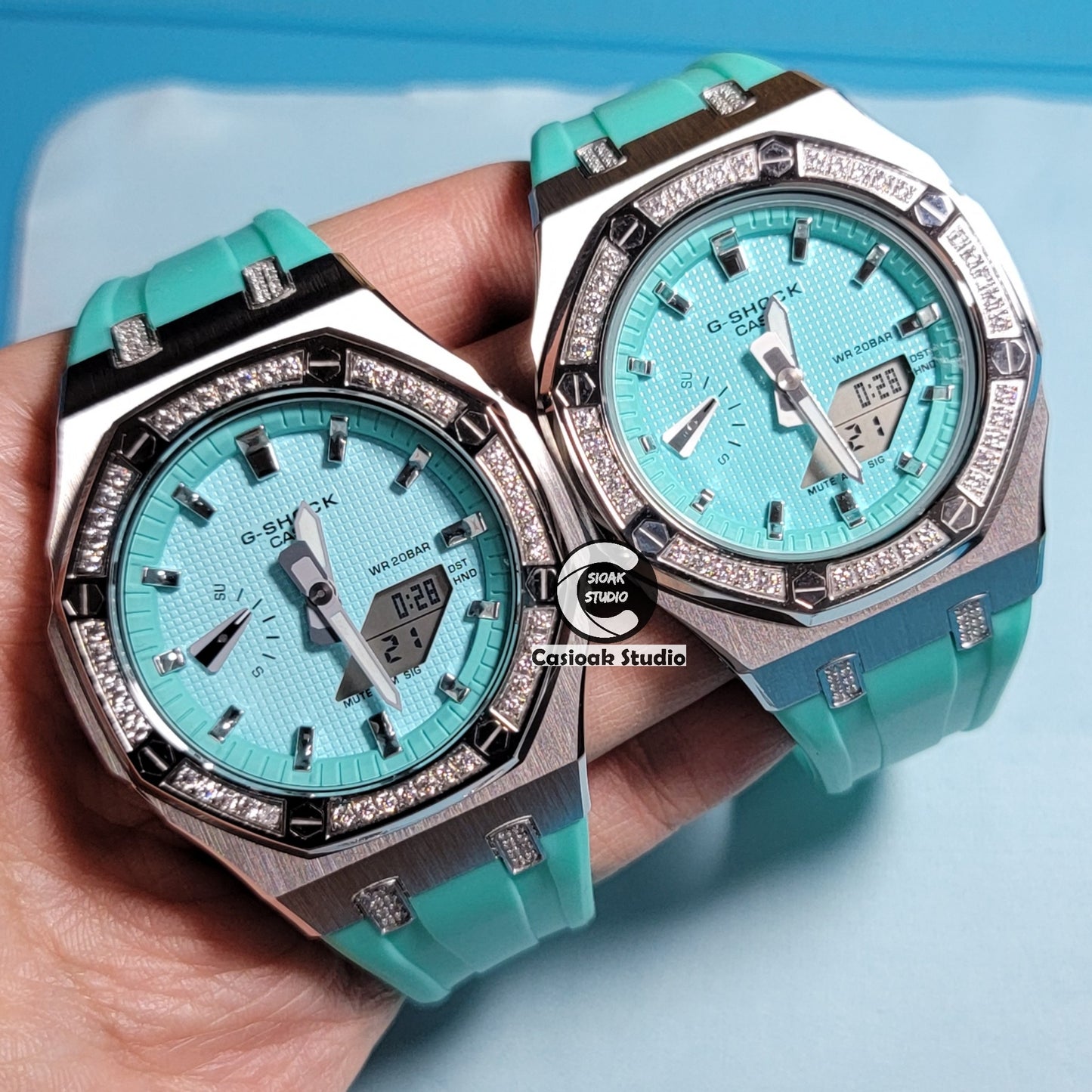 Casioak Mod Watch Diamond Silver Case Tiff Strap Silver Time Mark Tiff Blue Dial 44mm /42mm- Casioak Mod Casio G-Shock Royal Oak Custom Mens Luxury Watches Ga2100