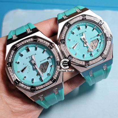 Casioak Mod Watch Diamond Silver Case Tiff Strap Silver Time Mark Tiff Blue Dial 44mm /42mm- Casioak Mod Casio G-Shock Royal Oak Custom Mens Luxury Watches Ga2100