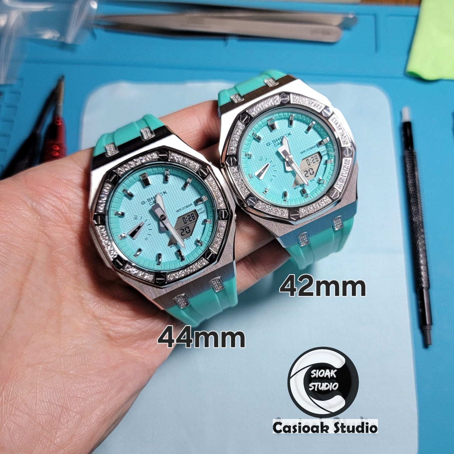 Casioak Mod Watch Diamond Silver Case Tiff Strap Silver Time Mark Tiff Blue Dial 44mm /42mm- Casioak Mod Casio G-Shock Royal Oak Custom Mens Luxury Watches Ga2100