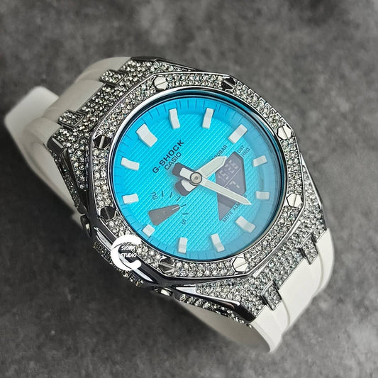 Casioak Mod Watch Diamond Silver Case White Strap Tiff White Time Mark Tiff Blue Dial 44mm- Casioak Mod Casio G-Shock Royal Oak Custom Mens Luxury Watches Ga2100