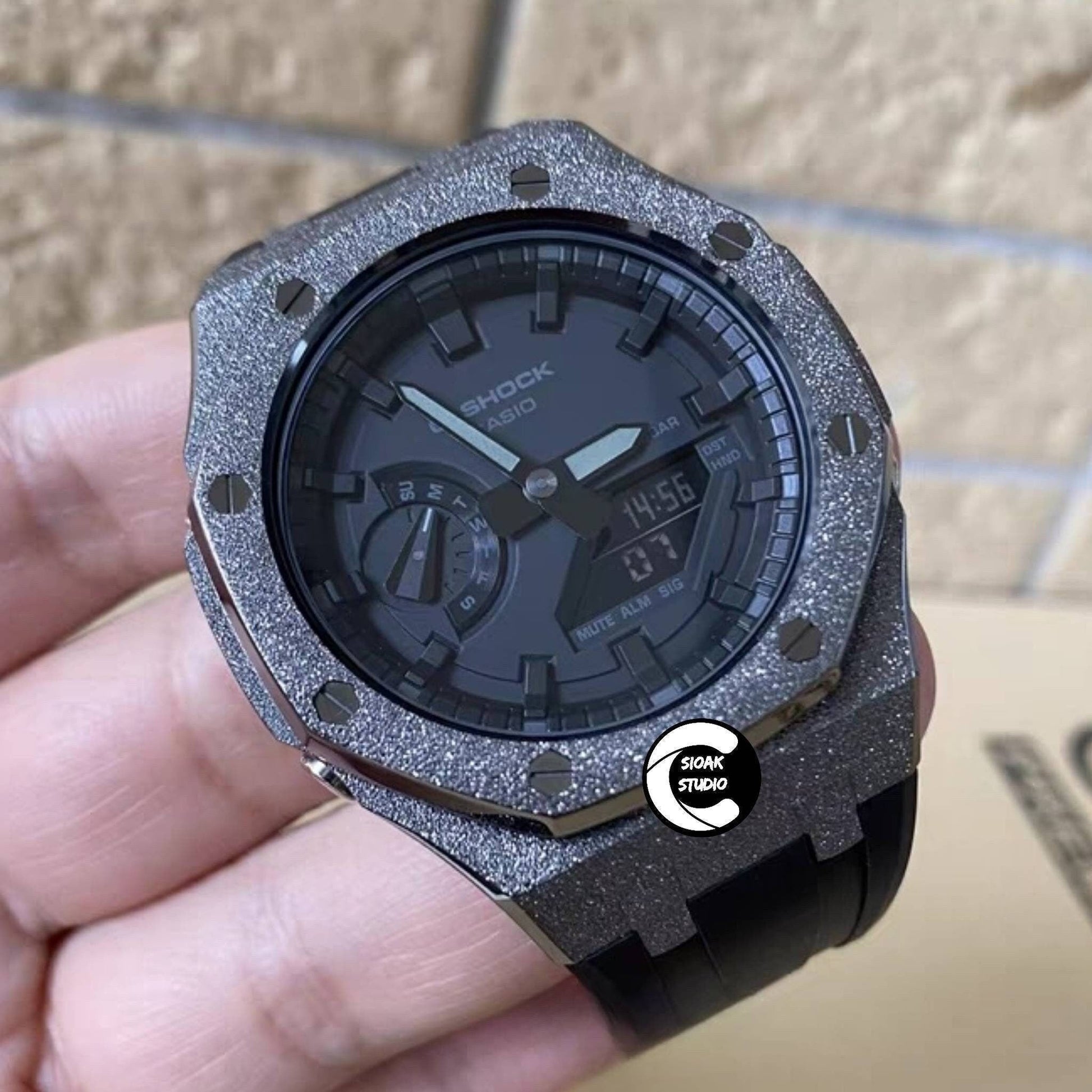 Casioak Mod Watch Frosted Black Case Black Strap Black Time Mark Black Dial 44mm- Casioak Mod Casio G-Shock Royal Oak Custom Mens Luxury Watches Ga2100