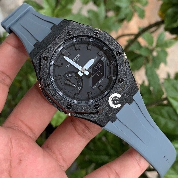 Casioak Mod Watch Frosted Black Case Gray Strap Black Time Mark Black Dial 44mm  Men- Casioak Mod Casio G-Shock Royal Oak Custom Mens Luxury Watches Ga2100