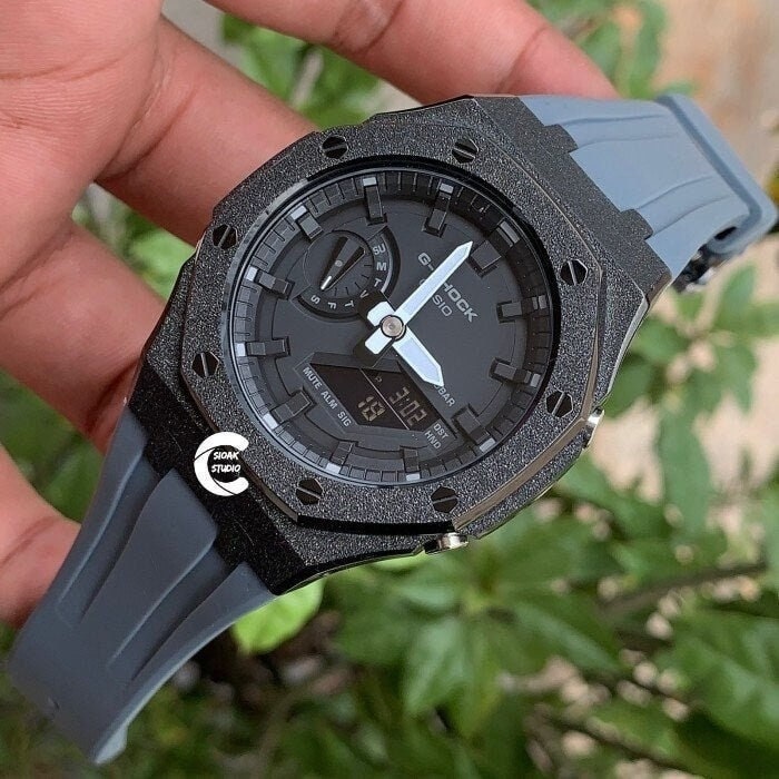 Casioak Mod Watch Frosted Black Case Gray Strap Black Time Mark Black Dial 44mm  Men- Casioak Mod Casio G-Shock Royal Oak Custom Mens Luxury Watches Ga2100