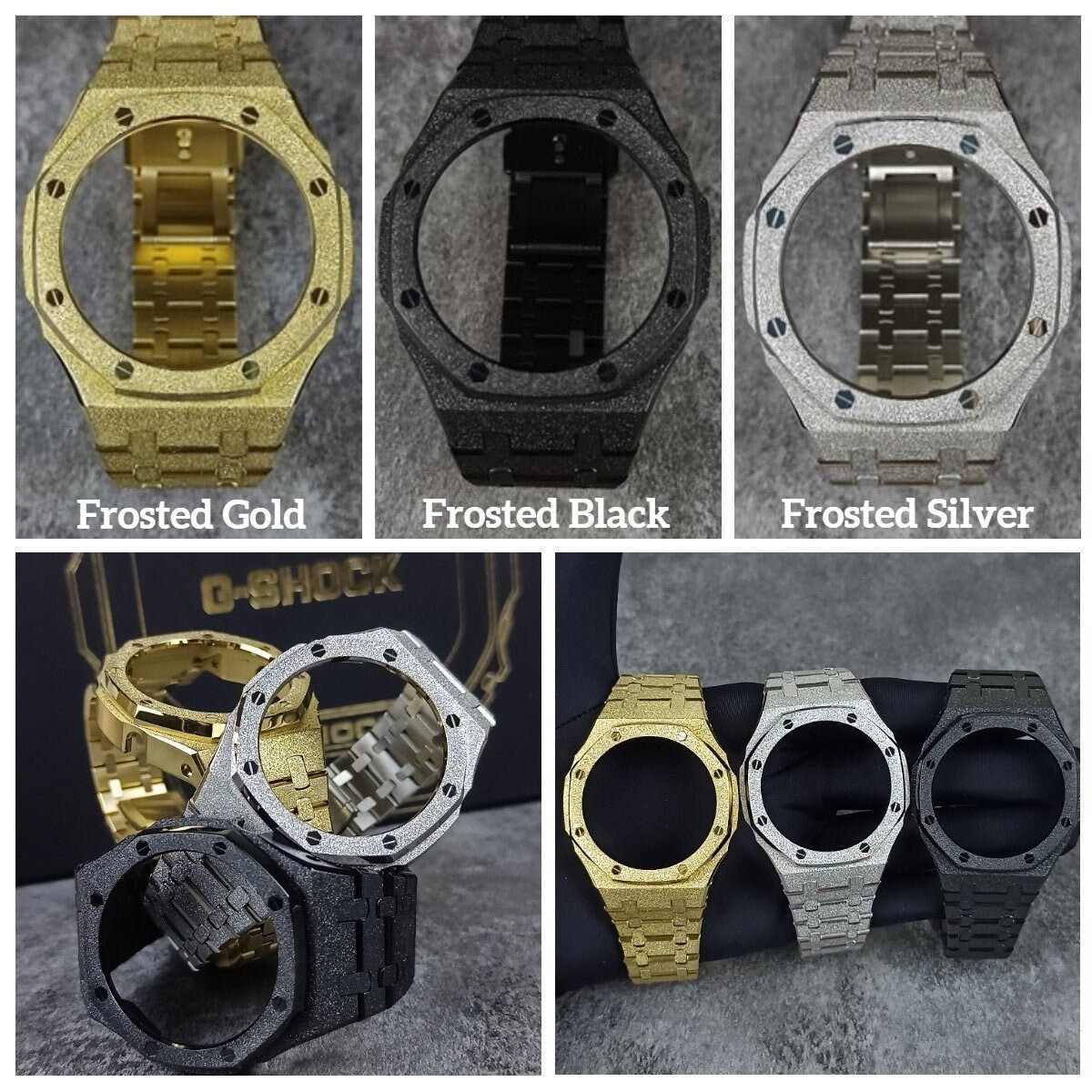 Casioak Mod Watch Frosted Black Case Metal Strap Black Gold Time Mark Yellow Dial 44mm- Casioak Mod Casio G-Shock Royal Oak Custom Mens Luxury Watches Ga2100