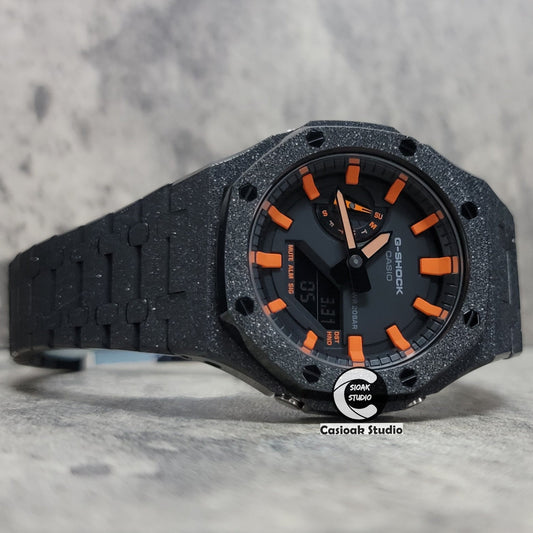 Casioak Mod Watch Frosted Black Case Metal Strap Black Orange Time Mark Black Dial 44mm- Casioak Mod Casio G-Shock Royal Oak Custom Mens Luxury Watches Ga2100