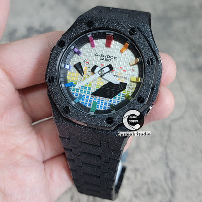 Casioak Mod Watch Frosted Black Case Metal Strap Black Rainbow Time Mark Music Dial 44mm- Casioak Mod Casio G-Shock Royal Oak Custom Mens Luxury Watches Ga2100