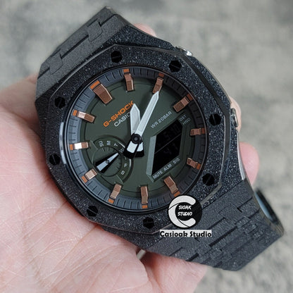 Casioak Mod Watch Frosted Black Case Metal Strap Black Rose Gold Time Mark Green Dial 44mm- Casioak Mod Casio G-Shock Royal Oak Custom Mens Luxury Watches Ga2100