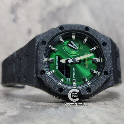 Casioak Mod Watch Frosted Black Case Metal Strap Black Silver Time Mark Green Dial 44mm- Casioak Mod Casio G-Shock Royal Oak Custom Mens Luxury Watches Ga2100