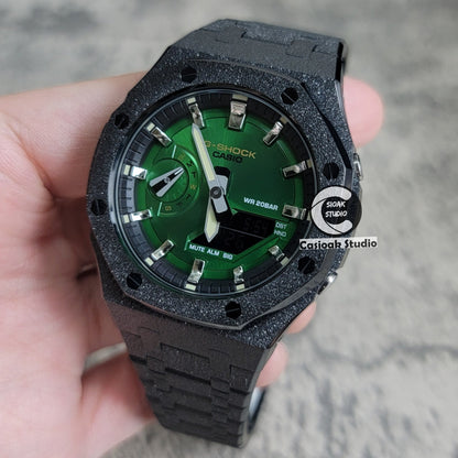 Casioak Mod Watch Frosted Black Case Metal Strap Black Silver Time Mark Green Dial 44mm- Casioak Mod Casio G-Shock Royal Oak Custom Mens Luxury Watches Ga2100