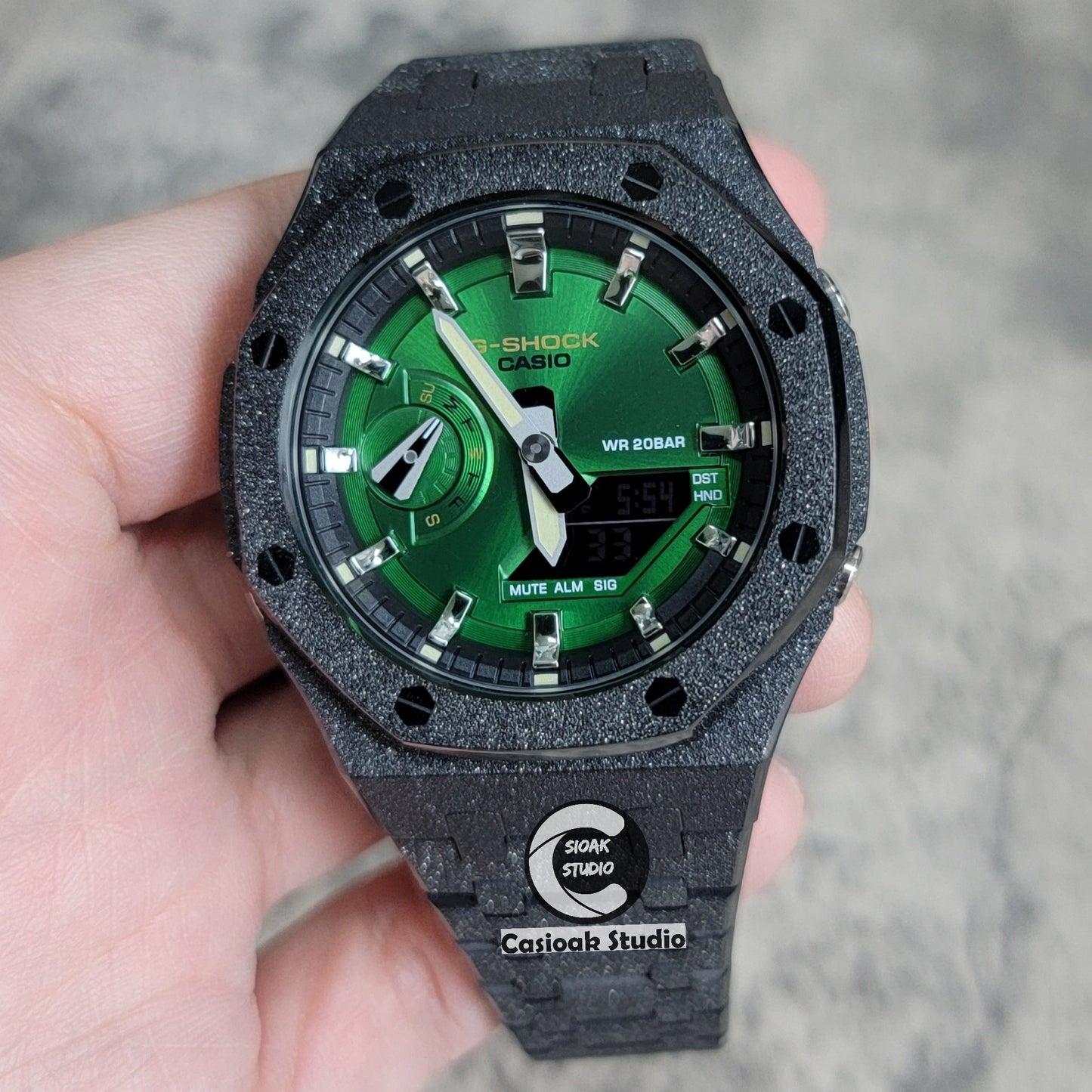 Casioak Mod Watch Frosted Black Case Metal Strap Black Silver Time Mark Green Dial 44mm- Casioak Mod Casio G-Shock Royal Oak Custom Mens Luxury Watches Ga2100