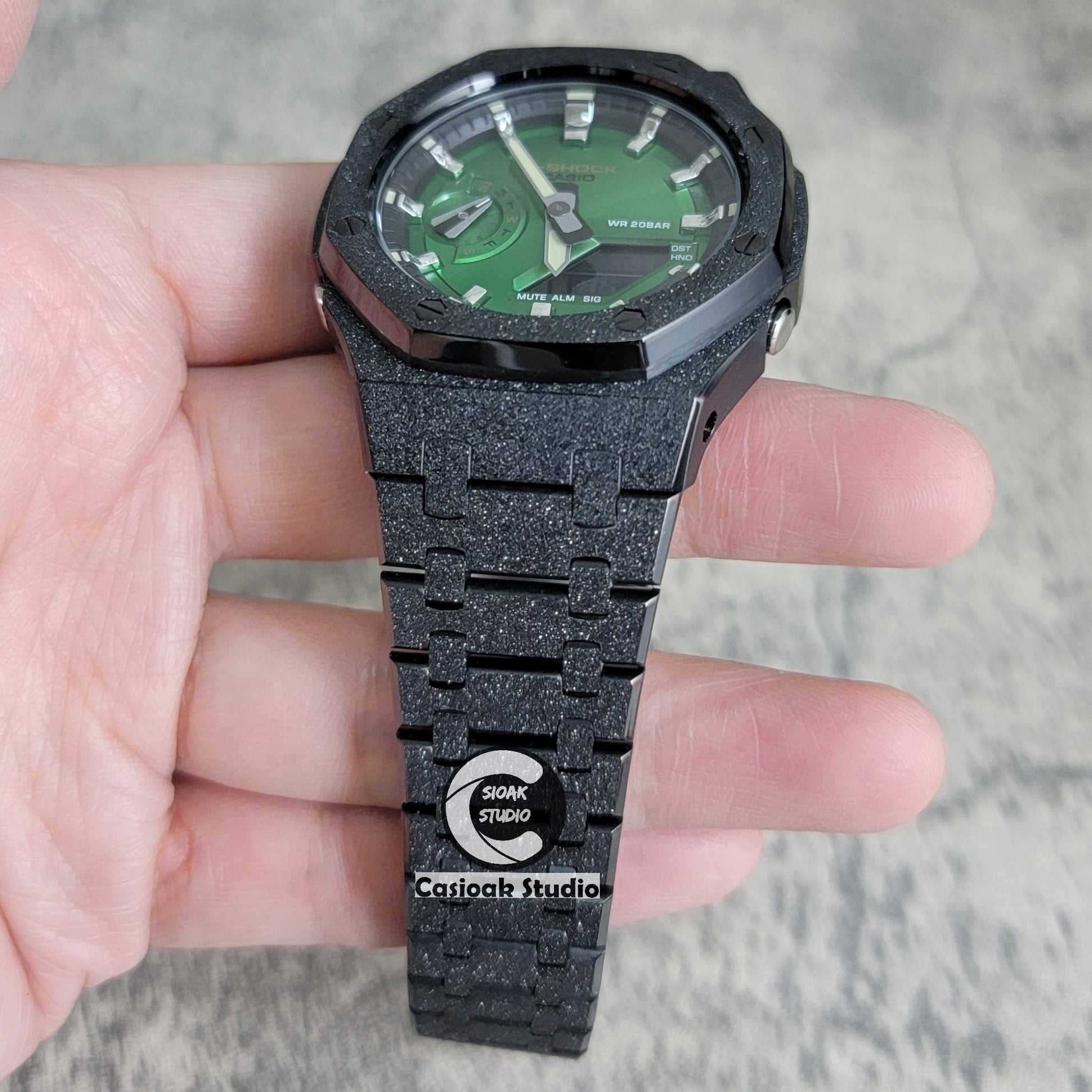 Casioak Mod Watch Frosted Black Case Metal Strap Black Silver Time Mark Green Dial 44mm- Casioak Mod Casio G-Shock Royal Oak Custom Mens Luxury Watches Ga2100