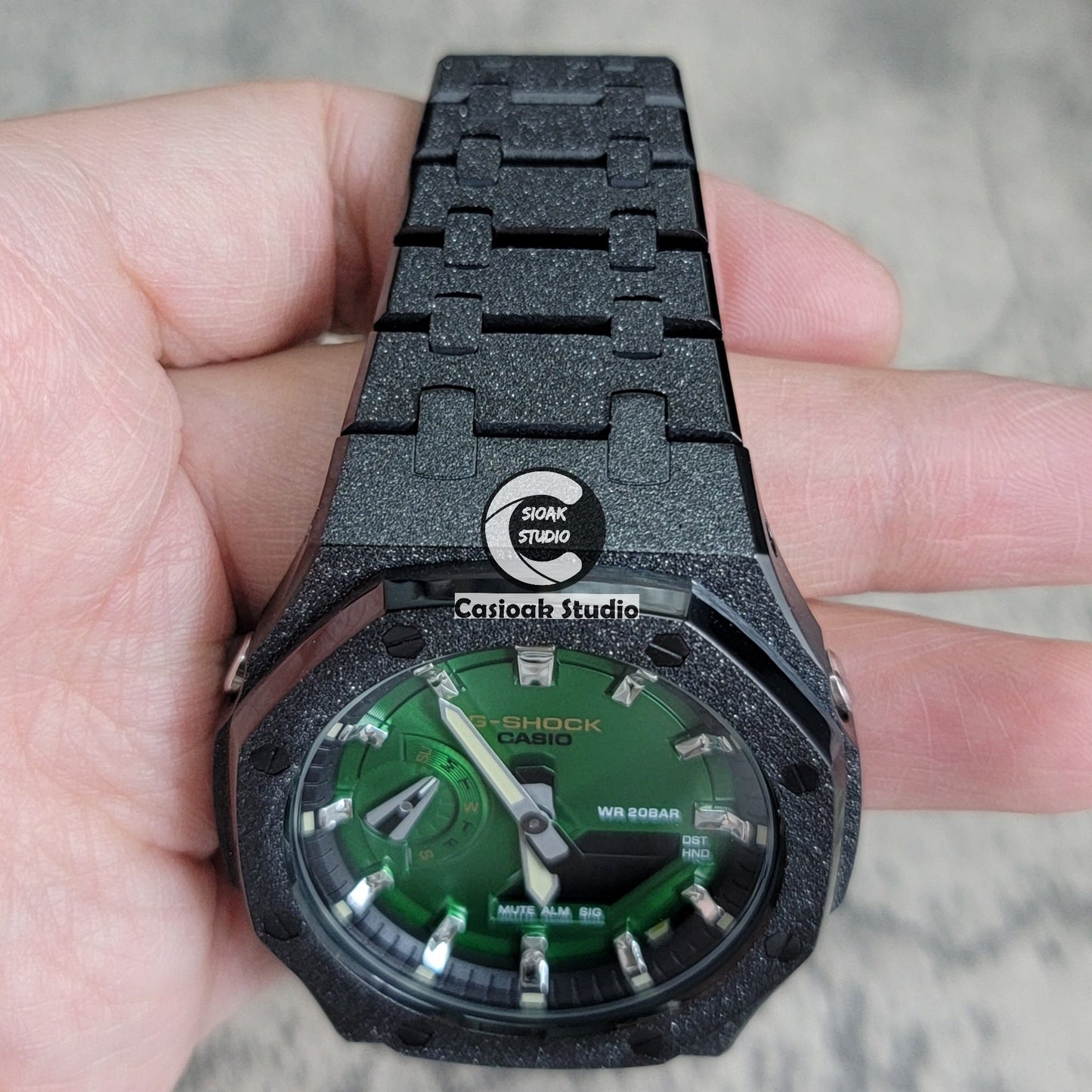 Casioak Mod Watch Frosted Black Case Metal Strap Black Silver Time Mark Green Dial 44mm- Casioak Mod Casio G-Shock Royal Oak Custom Mens Luxury Watches Ga2100