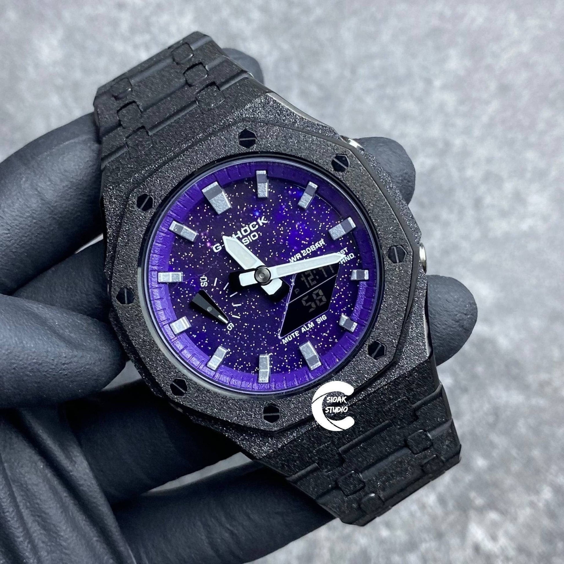 Casioak Mod Watch Frosted Black Case Metal Strap Black Silver Time Mark Purple Dial 44mm- Casioak Mod Casio G-Shock Royal Oak Custom Mens Luxury Watches Ga2100