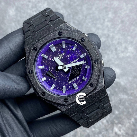 Casioak Mod Watch Frosted Black Case Metal Strap Black Silver Time Mark Purple Dial 44mm- Casioak Mod Casio G-Shock Royal Oak Custom Mens Luxury Watches Ga2100