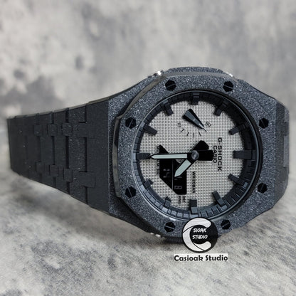 Casioak Mod Watch Frosted Black Case Metal Strap Black Time Mark Gray Waffle Dial 44mm- Casioak Mod Casio G-Shock Royal Oak Custom Mens Luxury Watches Ga2100