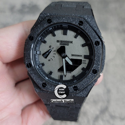 Casioak Mod Watch Frosted Black Case Metal Strap Black Time Mark Gray Waffle Dial 44mm- Casioak Mod Casio G-Shock Royal Oak Custom Mens Luxury Watches Ga2100