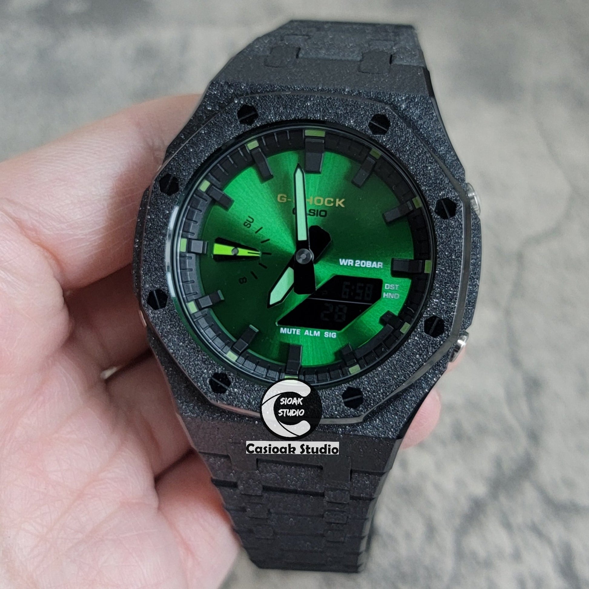 Casioak Mod Watch Frosted Black Case Metal Strap Black Time Mark Green Dial 44mm- Casioak Mod Casio G-Shock Royal Oak Custom Mens Luxury Watches Ga2100