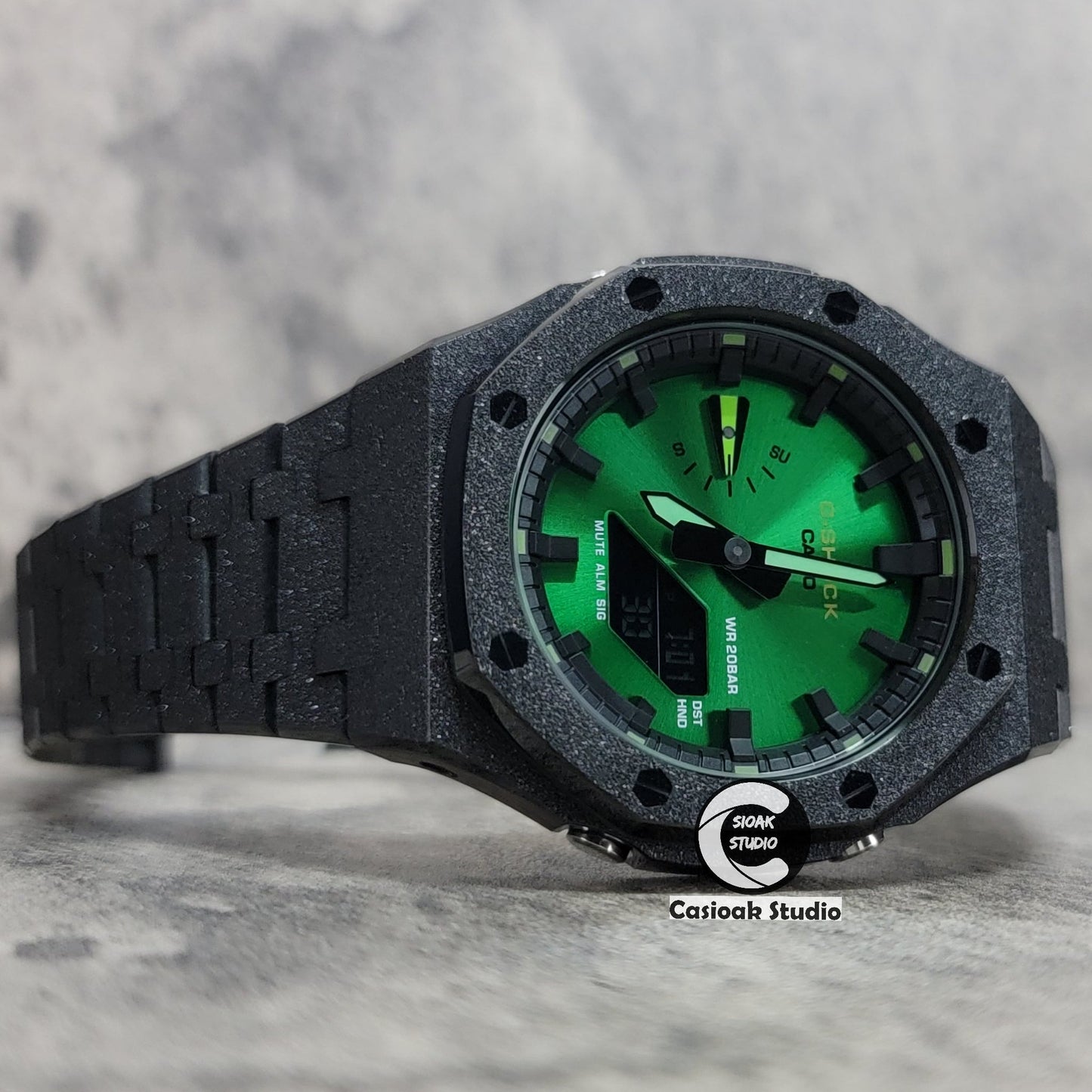 Casioak Mod Watch Frosted Black Case Metal Strap Black Time Mark Green Dial 44mm- Casioak Mod Casio G-Shock Royal Oak Custom Mens Luxury Watches Ga2100