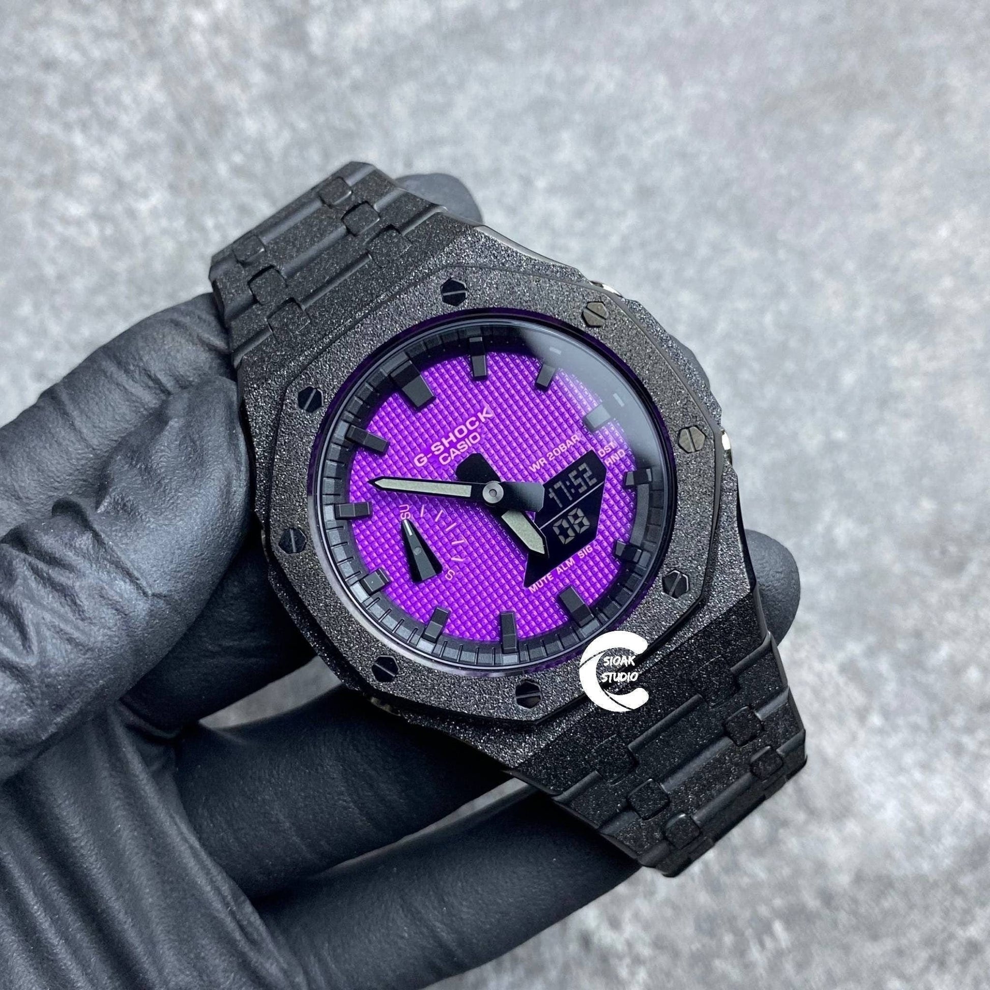 Casioak Mod Watch Frosted Black Case Metal Strap Black Time Mark Purple Dial 44mm- Casioak Mod Casio G-Shock Royal Oak Custom Mens Luxury Watches Ga2100