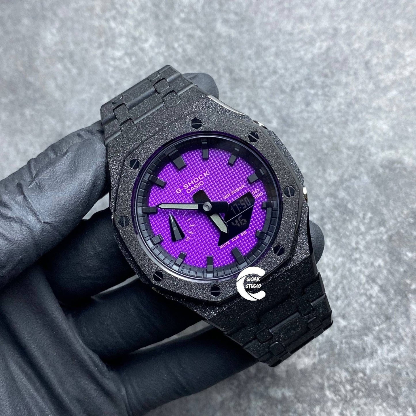 Casioak Mod Watch Frosted Black Case Metal Strap Black Time Mark Purple Dial 44mm- Casioak Mod Casio G-Shock Royal Oak Custom Mens Luxury Watches Ga2100