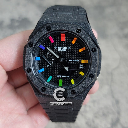 Casioak Mod Watch Frosted Black Case Metal Strap Blue Black Rainbow Time Mark Black Waffle Dial 44mm- Casioak Mod Casio G-Shock Royal Oak Custom Mens Luxury Watches Ga2100