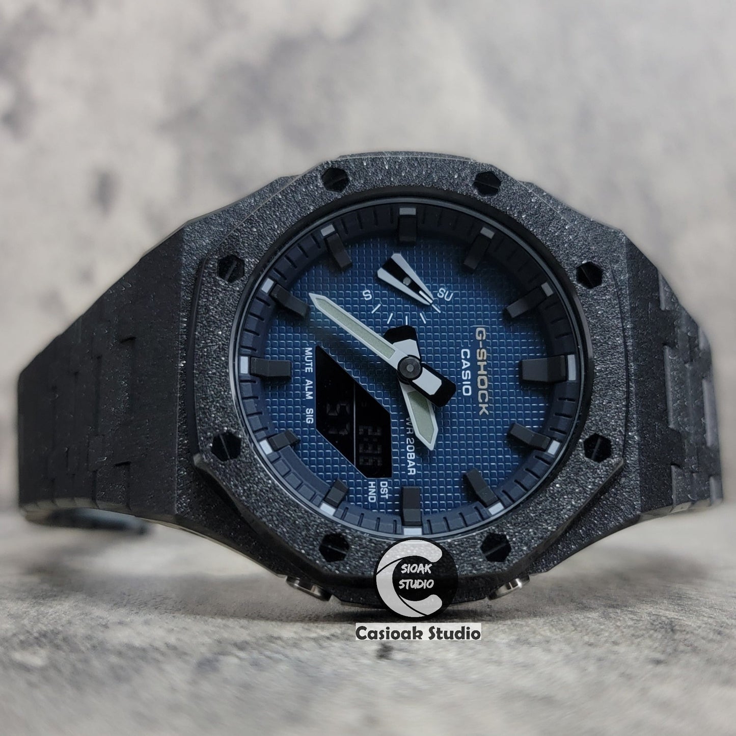 Casioak Mod Watch Frosted Black Case Metal Strap Blue Black Time Mark Blue Waffle Dial 44mm- Casioak Mod Casio G-Shock Royal Oak Custom Mens Luxury Watches Ga2100