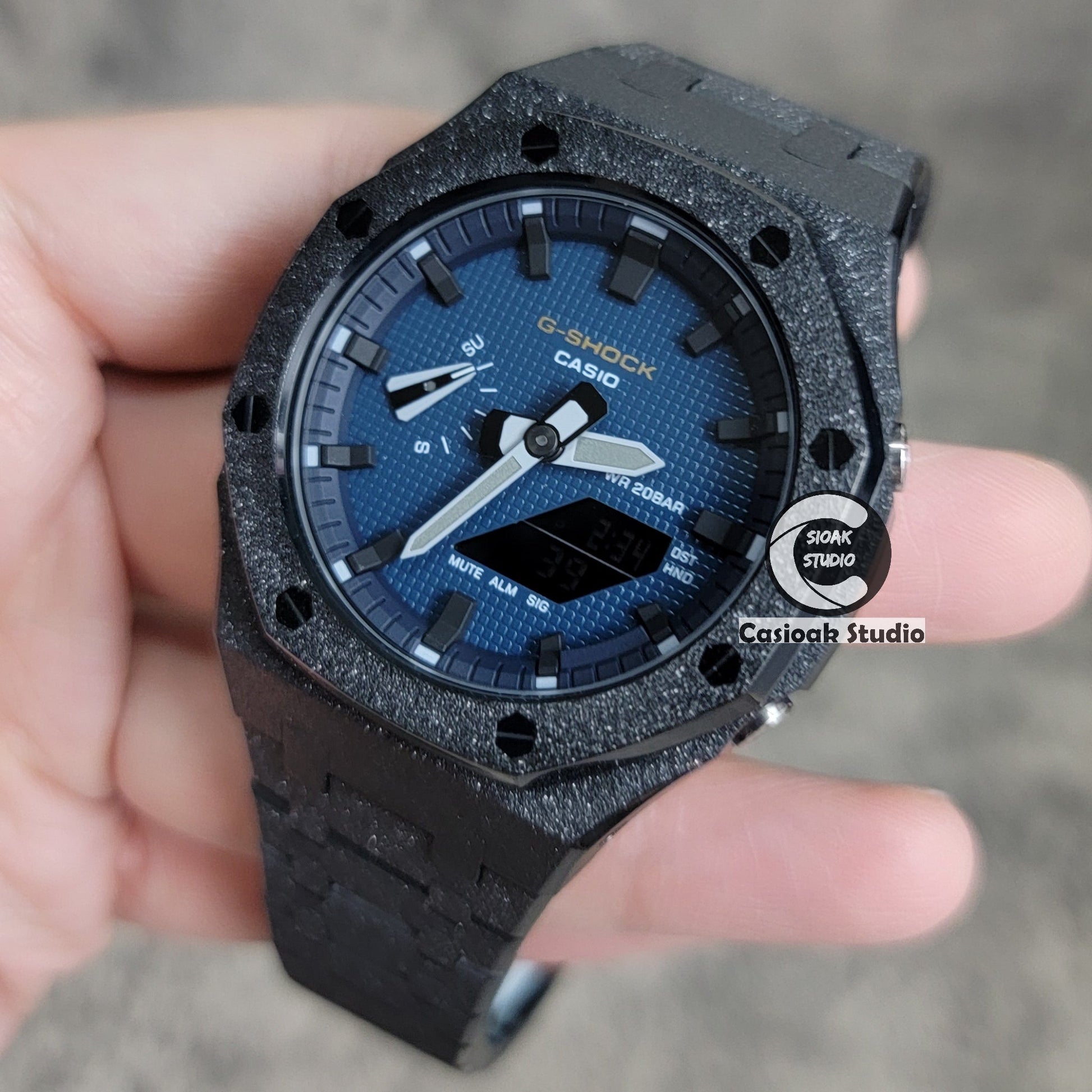 Casioak Mod Watch Frosted Black Case Metal Strap Blue Black Time Mark Blue Waffle Dial 44mm- Casioak Mod Casio G-Shock Royal Oak Custom Mens Luxury Watches Ga2100