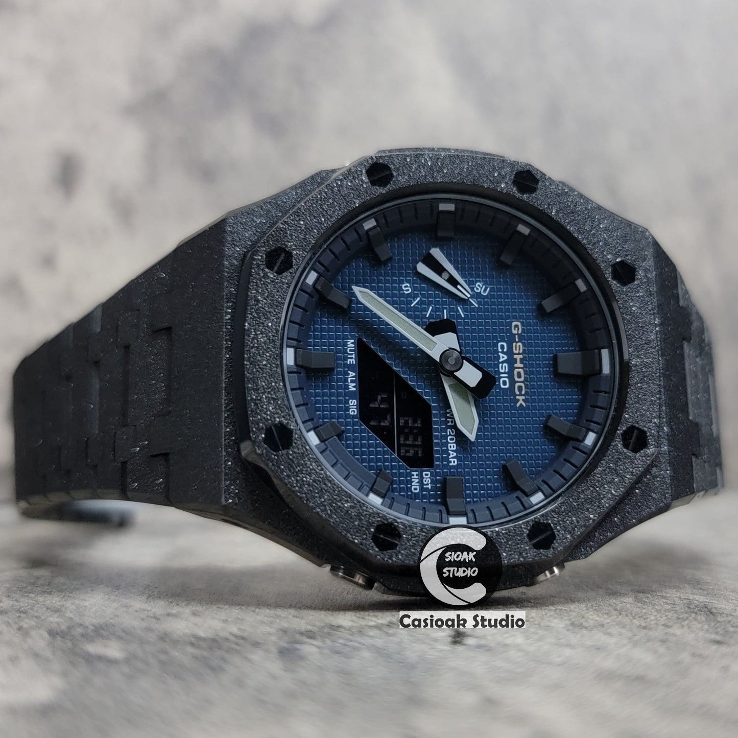 Casioak Mod Watch Frosted Black Case Metal Strap Blue Black Time Mark Blue Waffle Dial 44mm- Casioak Mod Casio G-Shock Royal Oak Custom Mens Luxury Watches Ga2100